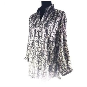 Brown Sheer Snakeskin Button Front Tab Sleeve Top